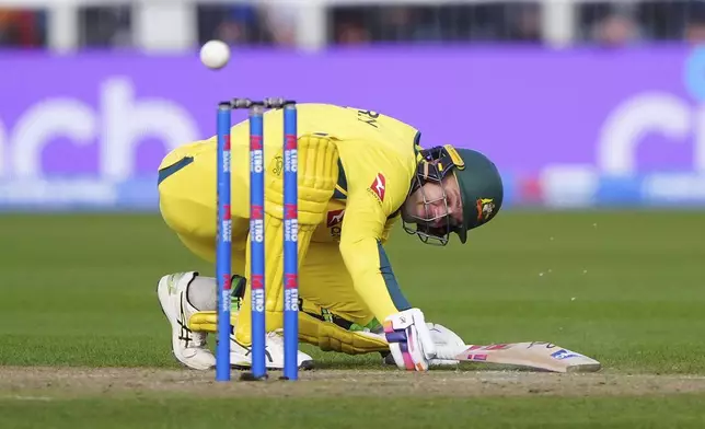 Australia's Alex Carey batts during the third one day international cricket match between England and Australia in County Durham, England, Tuesday, Sept. 24, 2024. (Owen Humphreys/PA via AP)