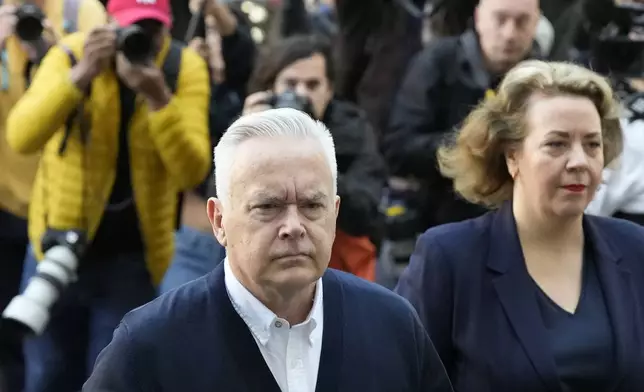 Huw Edwards an ex-BBC news presenter arrives at Westminster Magistrate's Court for sentencing after he pleaded guilty to three counts of making indecent images of children in London, Monday, Sept. 16, 2024. (AP Photo/Frank Augstein)