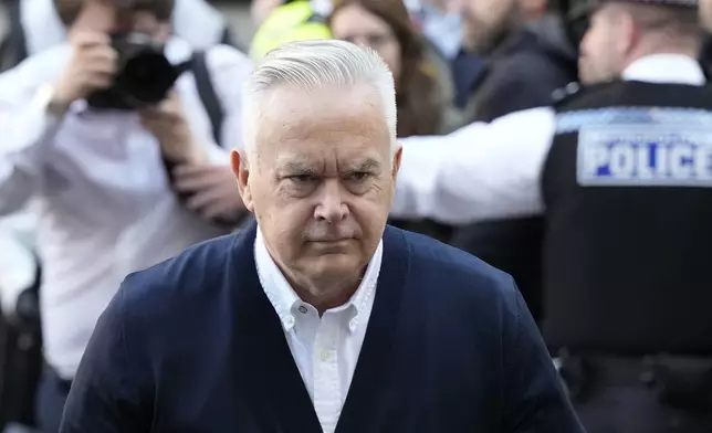 Huw Edwards an ex-BBC news presenter arrives at Westminster Magistrate's Court for sentencing after he pleaded guilty to three counts of making indecent images of children in London, Monday, Sept. 16, 2024. (AP Photo/Frank Augstein)