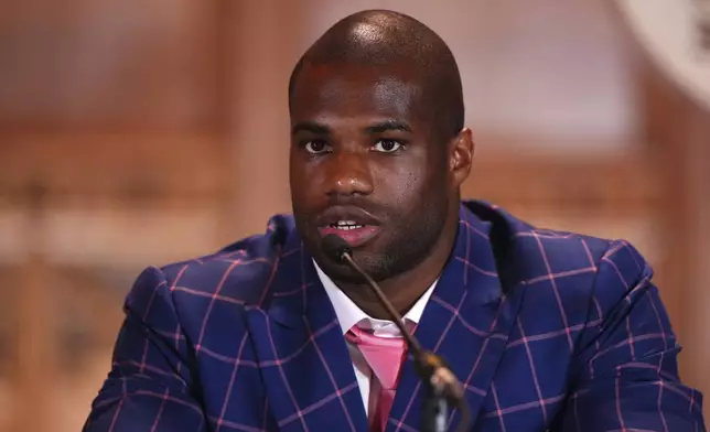 Daniel Dubois speaks during a press conference at the Guildhall, London, Thursday Sept. 19, 2024. The IBF heavyweight title fight between Anthony Joshua and Daniel Dubois will take place on Saturday 21st September. (Bradley Collyer/PA via AP)