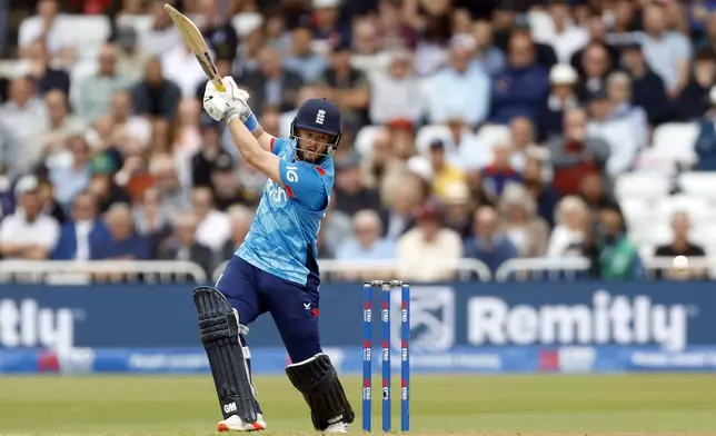 England's Ben Duckett batting during the first one day international match at Trent Bridge, Nottingham, England, Thursday, Sept. 19, 2024. (Nigel French/PA via AP)