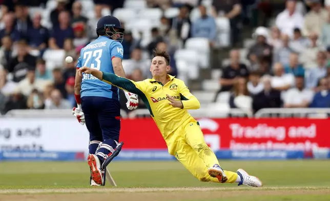 Australia's Marnus Labuschagne fields the ball during the first one day international match at Trent Bridge, Nottingham, England, Thursday, Sept. 19, 2024. (Nigel French/PA via AP)