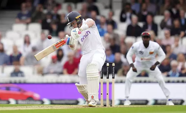 England's Ollie Pope batting during day two of the Third Rothesay Men's Test match between England and Sri Lanka in London, England, Saturday, Sept. 7, 2024. (John Walton/PA via AP)