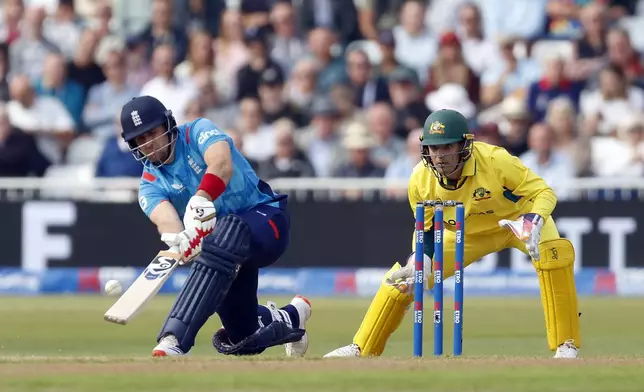 England's Liam Livingstone bats during the first one day international match at Trent Bridge, Nottingham, England, Thursday, Sept. 19, 2024. (Nigel French/PA via AP)