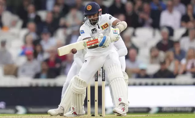 Sri Lanka's Kusal Mendis bats during day two of the Third Rothesay Men's Test match between England and Sri Lanka in London, England, Saturday, Sept. 7, 2024. (John Walton/PA via AP)