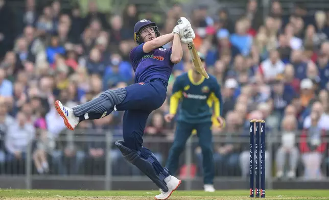 Scotland's Brandon McMullen during the third T20 International test match between Scotland and Australia in Edinburgh, Scotland, Saturday, Sept. 7, 2024. (Malcolm Mackenzie/PA via AP)