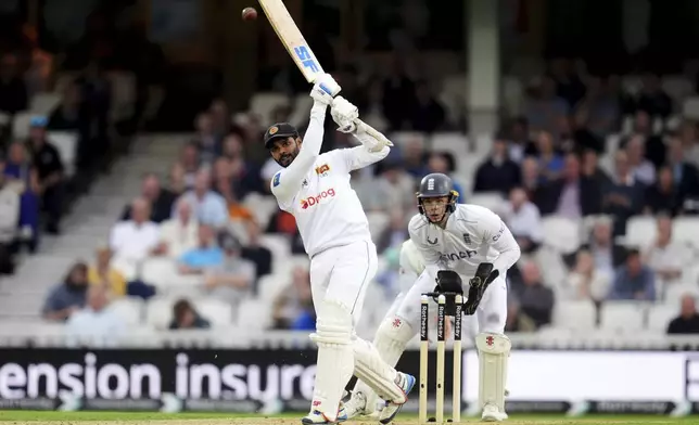 Sri Lanka's Dhananjaya de Silva bats during day two of the Third Rothesay Men's Test match between England and Sri Lanka in London, Saturday, Sept. 7, 2024. (John Walton/PA via AP)