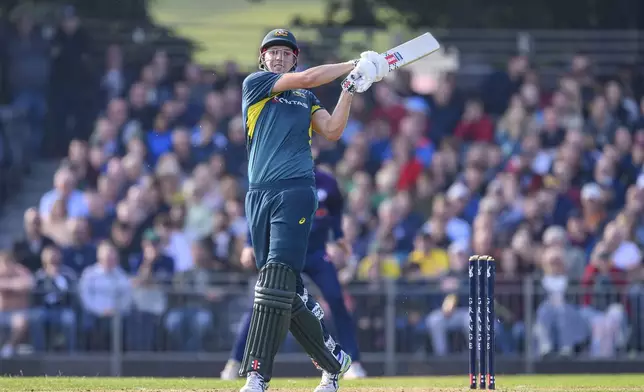 Australia's Cameron Green during the third T20 International test match between Scotland and Australia in Edinburgh, Scotland, Saturday, Sept. 7, 2024. (Malcolm Mackenzie/PA via AP)