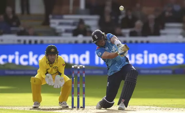 England's Jamie Smith batting during the fourth One Day International match between England and Australia at Lord's Cricket Ground, London, Friday Sept. 27, 2024. (John Walton/PA via AP)