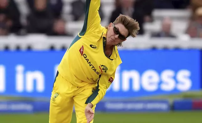 Australia's Adam Zampa bowls during the fourth One Day International match between England and Australia at Lord's Cricket Ground, London, Friday Sept. 27, 2024. (John Walton/PA via AP)