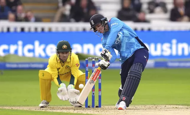 England's Harry Brook bats during the fourth One Day International match between England and Australia at Lord's Cricket Ground, London, Friday Sept. 27, 2024. (John Walton/PA via AP)