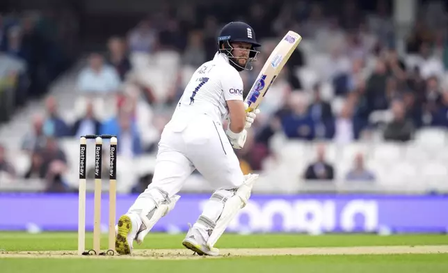 England's Ben Duckett in action on day one of the Third Rothesay Men's Test match between England and Sri Lanka at The Kia Oval, in London, Friday Sept. 6, 2024. (John Walton/PA via AP)