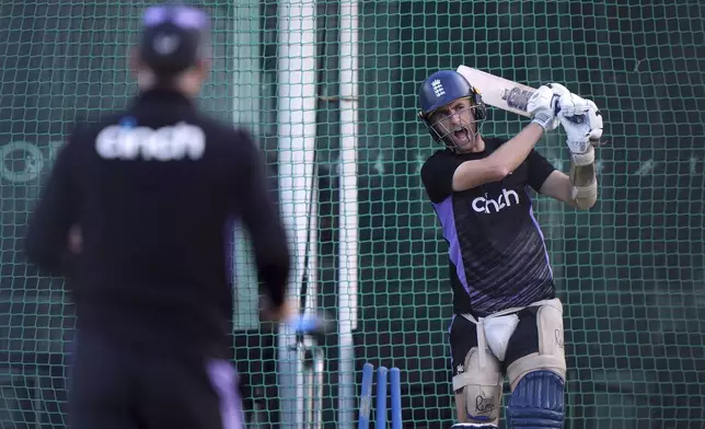 England's Olly Stone bats during a nets session at Lord's Cricket Ground, London, Thursday, Sept. 26, 2024, ahead of the One Day International cricket match against Australia on Friday. (Bradley Collyer/PA via AP)