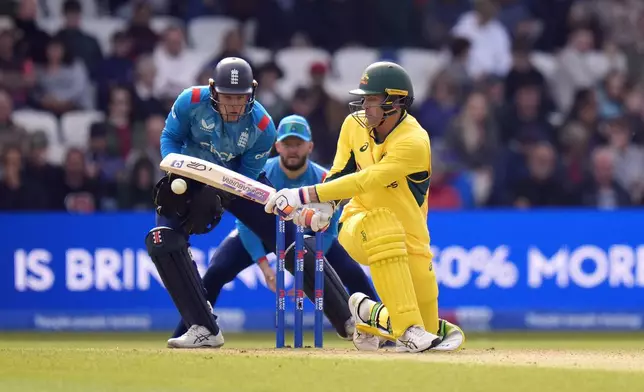 Australia's Alex Carey bats during the second One Day international match between England and Australia at Headingley, Leeds, Saturday Sept. 21, 2024. (Danny Lawson/PA via AP)