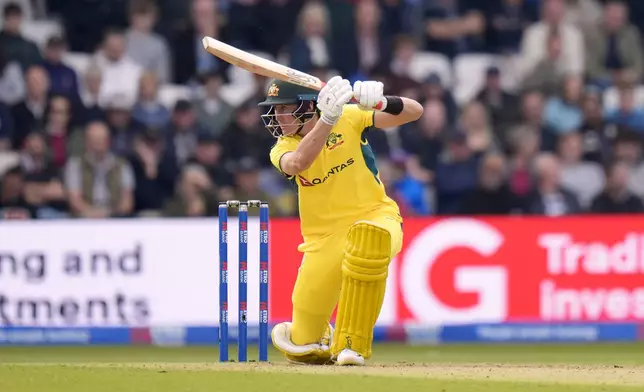 Australia's Marnus Labuschagne bats during the second One Day international match between England and Australia at Headingley, Leeds, Saturday Sept. 21, 2024. (Danny Lawson/PA via AP)