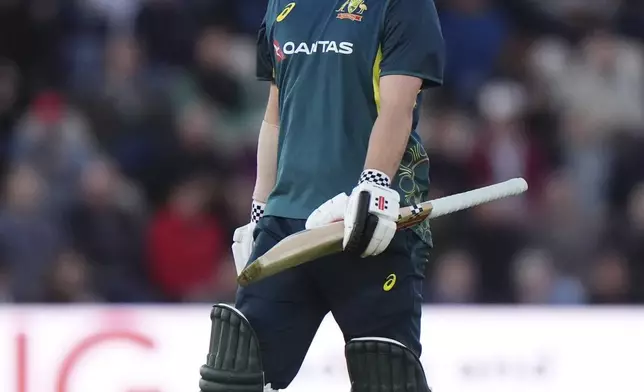 Australia's Travis Head reacts after being caught out during the first IT20 cricket match against England at the Utilita Bowl in Southampton, England, Wednesday, Sept. 11, 2024. (Bradley Collyer/PA via AP)