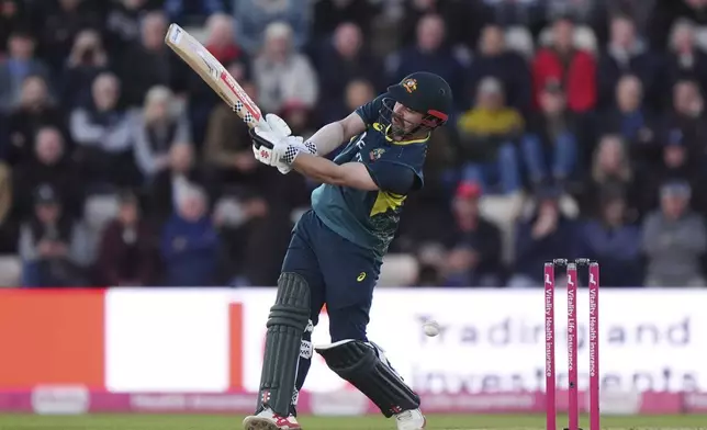 Australia's Travis Head bats during the first IT20 match against England at the Utilita Bowl in Southampton, England, Wednesday, Sept. 11, 2024. (Bradley Collyer/PA via AP)