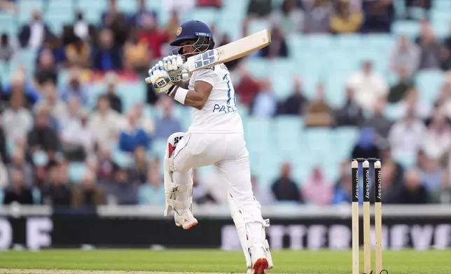 Sri Lanka's Pathum Nissanka on day four of the Third Rothesay Men's Test at The Kia Oval, in London, Monday Sept. 9, 2024. (John Walton/PA via AP)