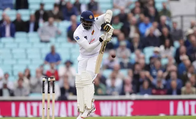 Sri Lanka's Angelo Mathews in action on day four of the Third Rothesay Men's Test at The Kia Oval, in London, Monday Sept. 9, 2024. (John Walton/PA via AP)