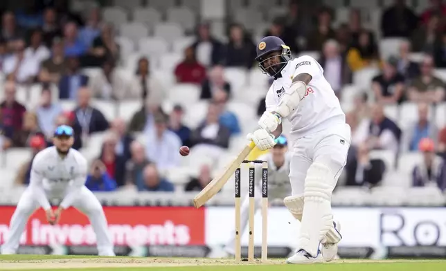 Sri Lanka's Asitha Fernando batting during day three of the Third Rothesay Men's Test at The Kia Oval, London, Sunday Sept. 8, 2024. ( John Walton/PA via AP)