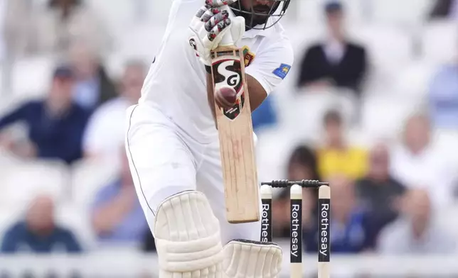 Sri Lanka's Kamindu Mendis during day three of the Third Rothesay Men's Test at The Kia Oval, London, Sunday Sept. 8, 2024. ( John Walton/PA via AP)