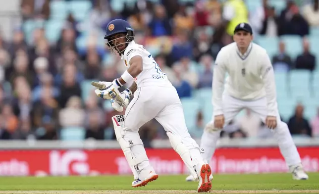 Sri Lanka's Pathum Nissanka in action on day four of the Third Rothesay Men's Test at The Kia Oval, in London, Monday Sept. 9, 2024. (John Walton/PA via AP)