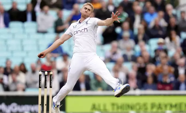 England's Olly Stone in action on day four of the Third Rothesay Men's Test at The Kia Oval, in London, Monday Sept. 9, 2024. (John Walton/PA via AP)