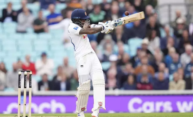 Sri Lanka's Pathum Nissanka on day four of the Third Rothesay Men's Test at The Kia Oval, in London, Monday Sept. 9, 2024. (John Walton/PA via AP)