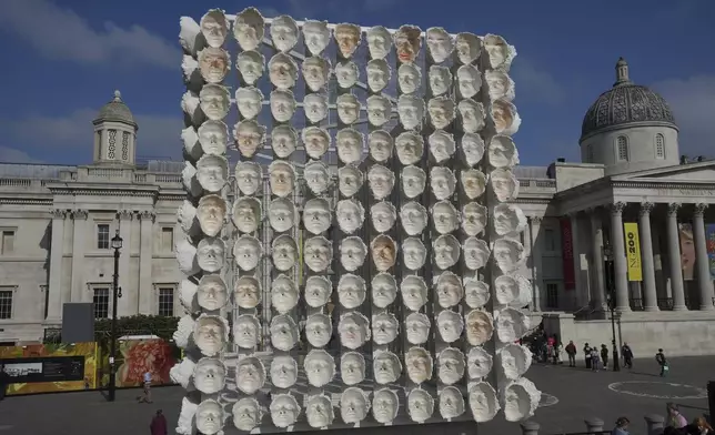 An artwork "Mil Veces un Instante (A Thousand Times in an Instant)" created by Mexican artist Teresa Margolles is placed for the Fourth Plinth, marking 25 years of the ground-breaking commissioning programme for public art at Trafalgar Square, in London, Wednesday, Sept. 18, 2024. (AP Photo/Kin Cheung)