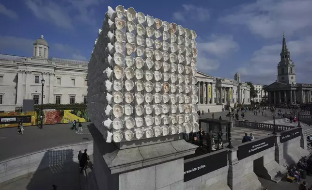 An artwork "Mil Veces un Instante (A Thousand Times in an Instant)" created by Mexican artist Teresa Margolles is placed for the Fourth Plinth, marking 25 years of the ground-breaking commissioning programme for public art at Trafalgar Square, in London, Wednesday, Sept. 18, 2024. (AP Photo/Kin Cheung)