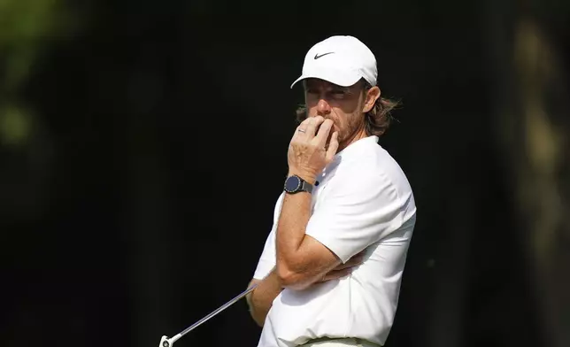 Tommy Fleetwood attends the day one of the BMW PGA Championship at Wentworth Golf Club in Virginia Water, Surrey, England, Thursday, Sept. 19, 2024. (Zac Goodwin/PA via AP)