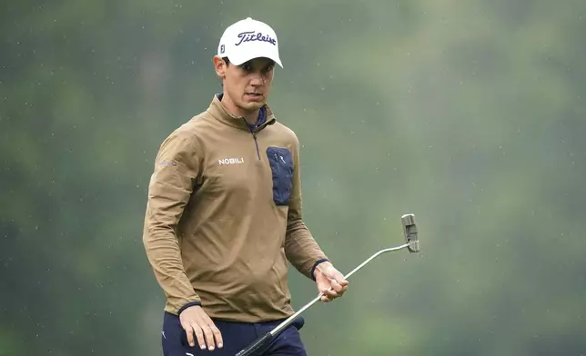 Italy's Matteo Manassero on the 4th hole during day three of the PGA Championship at Wentworth Golf Club in Virginia Water, England, Saturday Sept. 21, 2024. (Zac Goodwin/PA via AP)