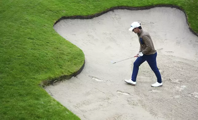 Italy's Matteo Manassero on the 3rd hole during day three of the PGA Championship at Wentworth Golf Club in Virginia Water, England, Saturday Sept. 21, 2024. (Zac Goodwin/PA via AP)