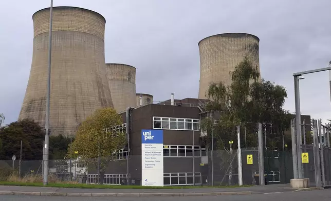 General view of Ratcliffe-on-Soar power station in Nottingham, England, Sunday, Sept. 29, 2024. The UK's last coal-fired power plant, Ratcliffe-on-Soar, will close, marking the end of coal-generated electricity in the nation that sparked the Industrial Revolution. (AP Photo/Rui Vieira)