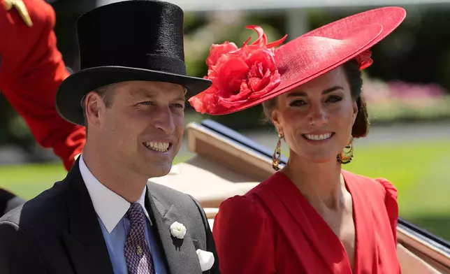 FILE - Britain's Prince William and Kate, Princess of Wales arrive for the Royal Ascot horse racing meeting, at Ascot Racecourse in Ascot, England, June 23, 2023. (AP Photo/Alastair Grant, File)