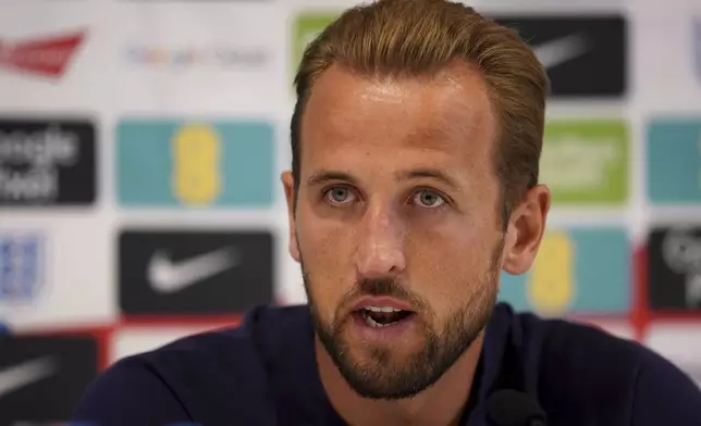 England's Harry Kane attends a press conference at Carlton House, Maynooth, Ireland, Friday Sept. 6, 2024. (Brian Lawless/PA via AP)