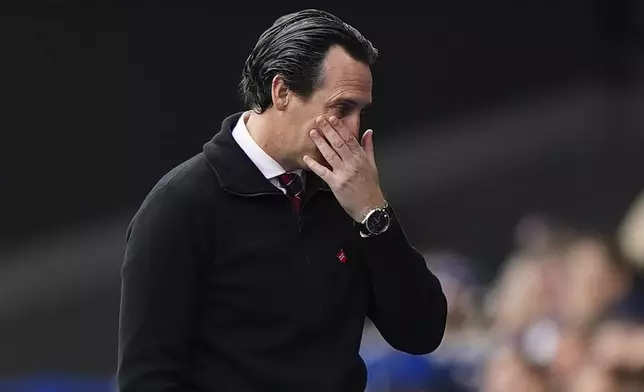 Aston Villa manager Unai Emery during the British Premier League soccer match between Ipswich Town and Aston Villa at Portman Road, Ipswich, England, Sunday Sept. 29, 2024. (Zac Goodwin/PA via AP)