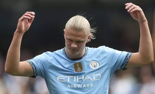 Manchester City's Erling Haaland reacts during the English Premier League soccer match between Manchester City and Brentford at the Etihad Stadium in Manchester, England, Saturday, Sept. 14, 2024. (AP Photo/Scott Heppel)