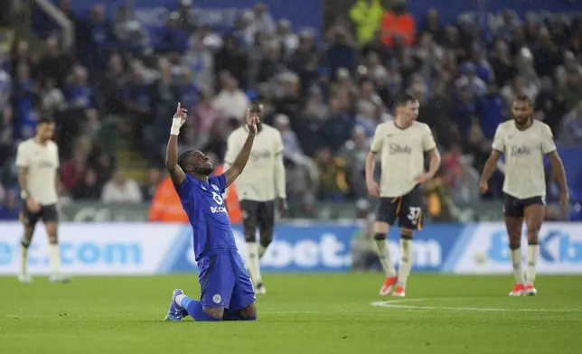 Leicester City's Stephy Mavididi celebrates scoring during the English Premier League soccer match between Leicester City and Everton, at the King Power Stadium, in Leicester, England, Saturday, Sept. 21, 2024. (Joe Giddens/PA via AP)