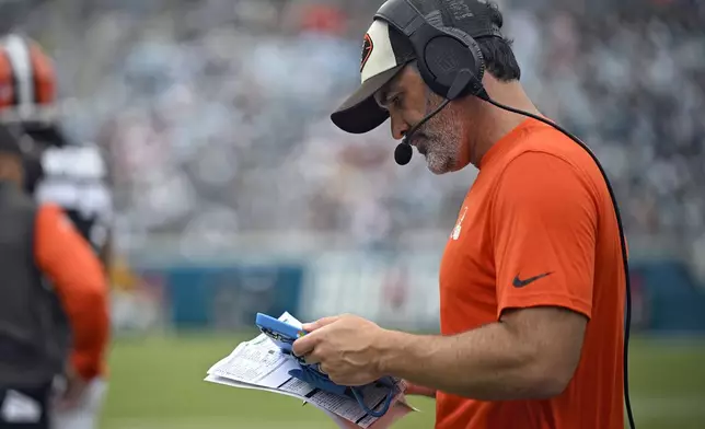 Cleveland Browns head coach Kevin Stefanski looks at a play during the second half of an NFL football game against the Jacksonville Jaguars Sunday, Sept. 15, 2024, in Jacksonville, Fla. (AP Photo/Phelan M. Ebenhack)