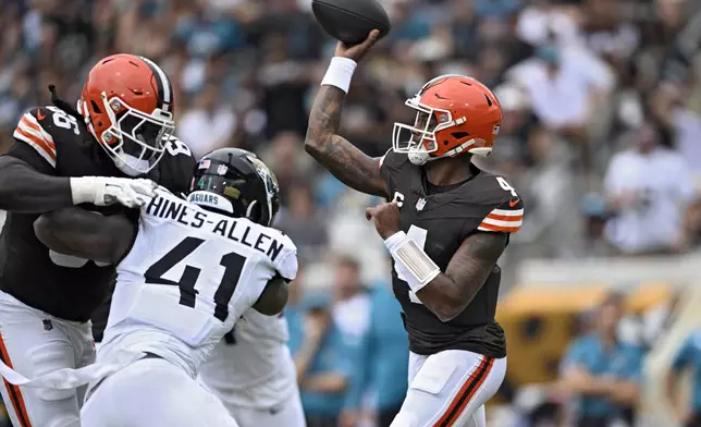 Cleveland Browns quarterback Deshaun Watson (4) throws a pass against the Jacksonville Jaguars during the first half of an NFL football game Sunday, Sept. 15, 2024, in Jacksonville, Fla. (AP Photo/Phelan M. Ebenhack)