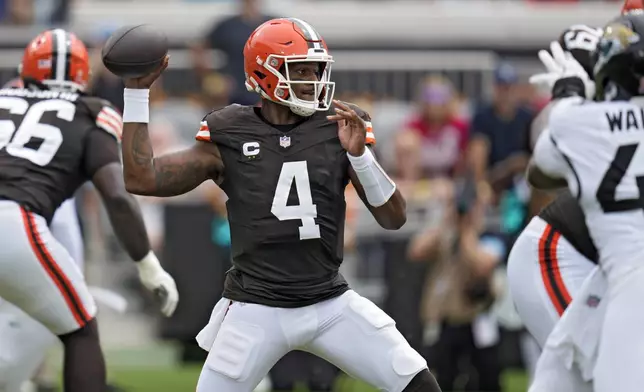 Cleveland Browns quarterback Deshaun Watson throws a pass against the Jacksonville Jaguars during the first half of an NFL football game Sunday, Sept. 15, 2024, in Jacksonville, Fla. (AP Photo/John Raoux)