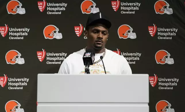 Cleveland Browns quarterback Deshaun Watson speaks after the Browns were defeated by the Las Vegas Raiders 20-16 in an NFL football game Sept. 29, 2024, in Las Vegas. (AP Photo/John Locher)