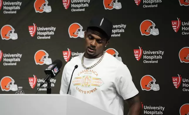 Cleveland Browns quarterback Deshaun Watson speaks after the Browns were defeated by the Las Vegas Raiders 20-16 in an NFL football game Sept. 29, 2024, in Las Vegas. (AP Photo/John Locher)