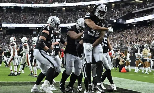 Las Vegas Raiders wide receiver Tyreik McAllister, celebrates a touchdown by teammate wide receiver DJ Turner during the second half of an NFL football game against the Cleveland Browns Sunday, Sept. 29, 2024, in Las Vegas. (AP Photo/David Becker)