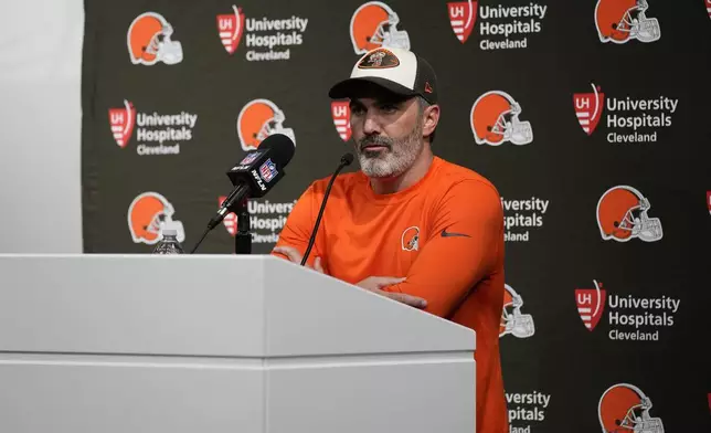 Cleveland Browns head coach Kevin Stefanski speaks after the Browns were defeated by the Las Vegas Raiders 20-16 in an NFL football game Sept. 29, 2024, in Las Vegas. (AP Photo/John Locher)