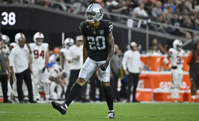 Las Vegas Raiders safety Isaiah Pola-Mao celebrates after a sack of Cleveland Browns quarterback Deshaun Watson during the second half of an NFL football game Sunday, Sept. 29, 2024, in Las Vegas. (AP Photo/David Becker)