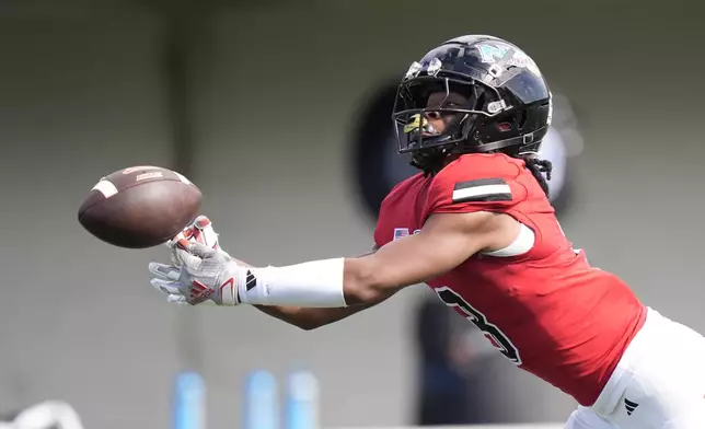 Northern Illinois wide receiver Trayvon Rudolph just misses catching a deep pass from quarterback Ethan Hampton during the first half of an NCAA college football game Saturday, Sept. 21, 2024, in DeKalb, Ill. (AP Photo/Charles Rex Arbogast)