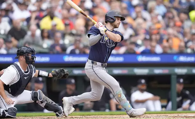 CORRECTS TO BRANDON LOWE, NOT JOSH LOWE AS ORIGINALLY SENT - Tampa Bay Rays' Brandon Lowe connects for a two-run single during the third inning of a baseball game against the Detroit Tigers, Thursday, Sept. 26, 2024, in Detroit. (AP Photo/Carlos Osorio)