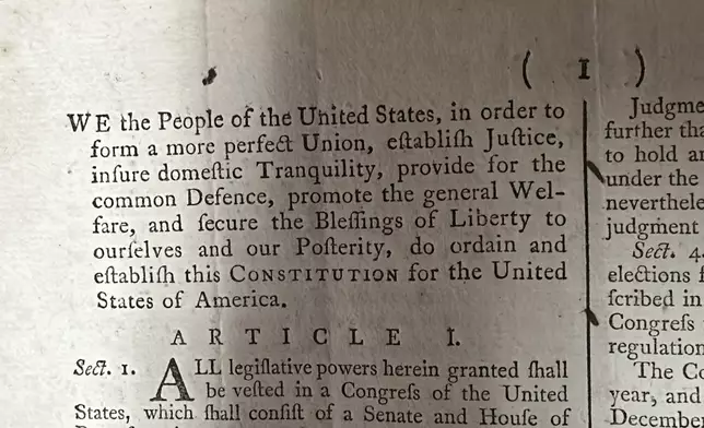 CORRECTS NAME TO BRUNK AUCTIONS - Part of an 1787 copy of the U.S. Constitution that will be put up for auction on Sept. 28, 2024 is shown at Brunk Auctions in Asheville, North Carolina, on Thursday, Sept. 5. (AP Photo/Jeffrey Collins)